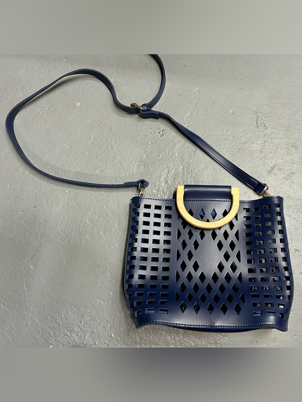 Joy Susan Madison Cut Out Tote Navy Laser-Cut Crossbody Bag with Gold Accent